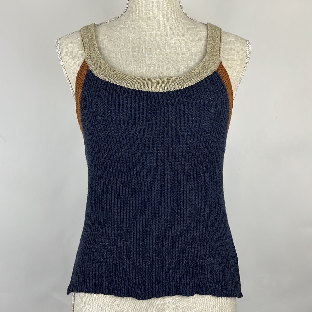 SWEET RAIN knit tank in navy blue, tan, and brown L